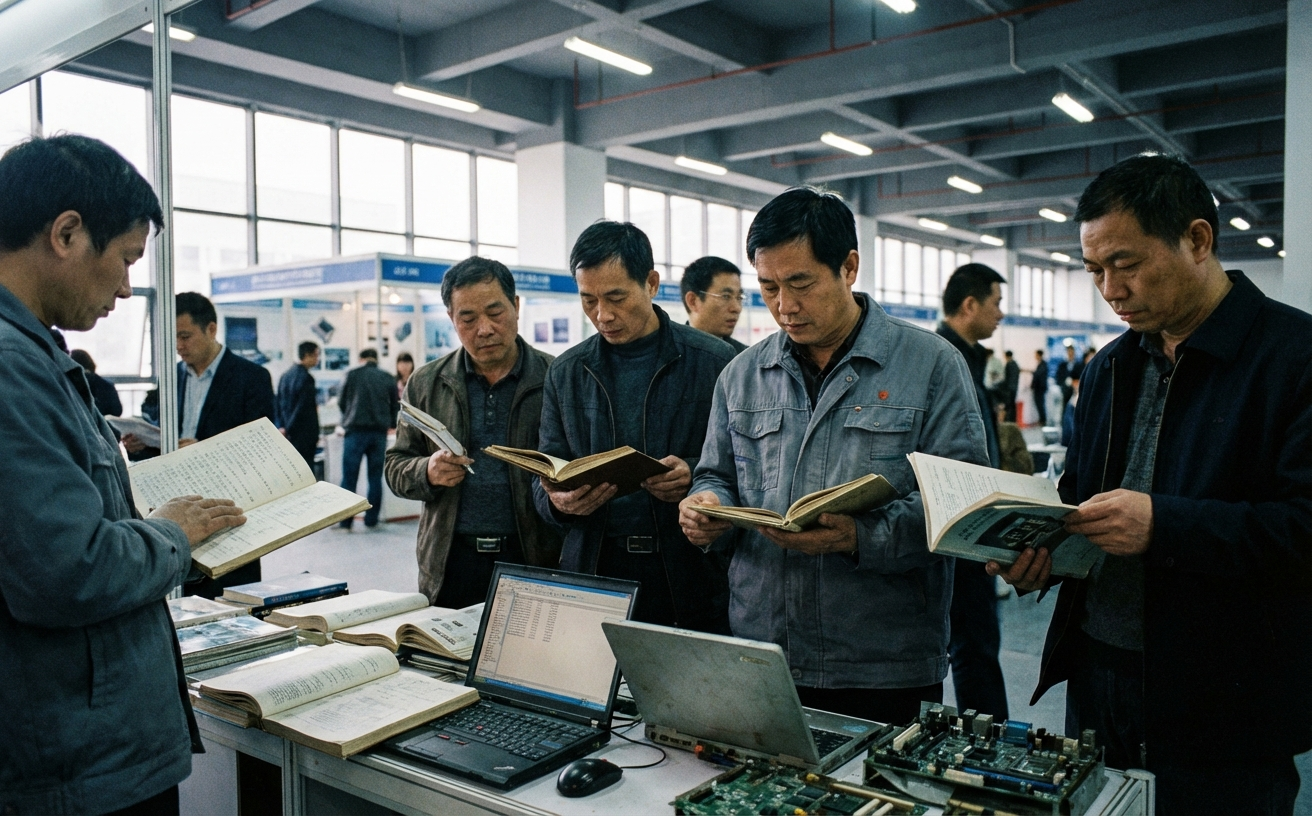 Researchers reviewing electronics conference materials